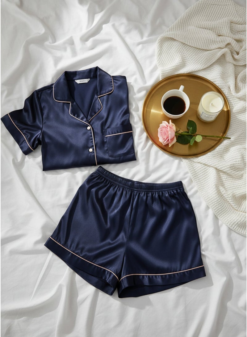 LADY Women's Navy Satin Pajama Set – Button-Up Shirt & Comfortable Shorts Sleepwear - Image 1
