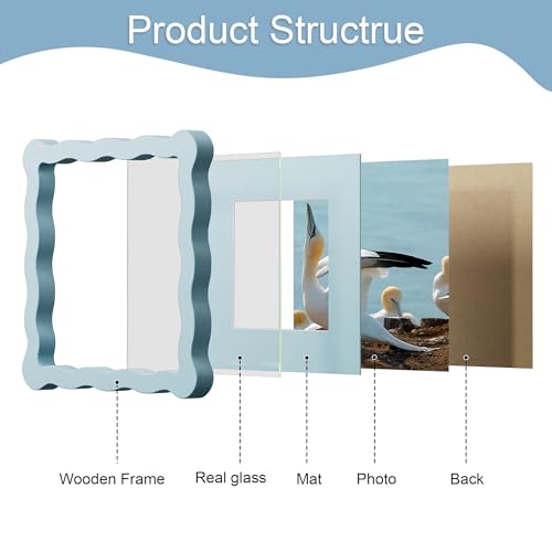THKRLOF 6x6 Picture Frame with Mat for 4x4, Wavy Edge Wooden Real Glass Photo Frame for Tabletop and Wall Hanging, Blue, 1 Pack - Image 5