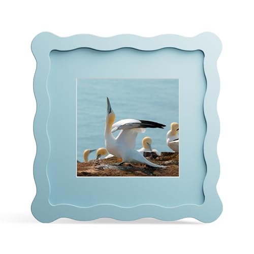 THKRLOF 6x6 Picture Frame with Mat for 4x4, Wavy Edge Wooden Real Glass Photo Frame for Tabletop and Wall Hanging, Blue, 1 Pack - Image 1
