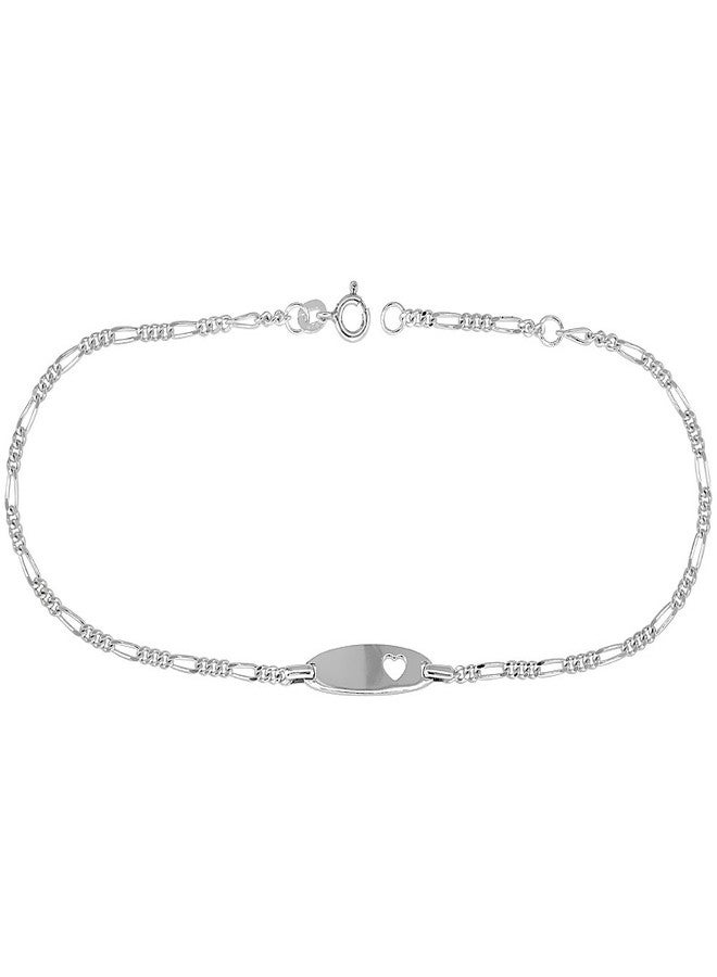 Sabrina Silver Sterling Silver Ankle Bracelet Figaro Link Heart Cut-Out ID Tag fits Sizes 9-10 inch Long - Image 1