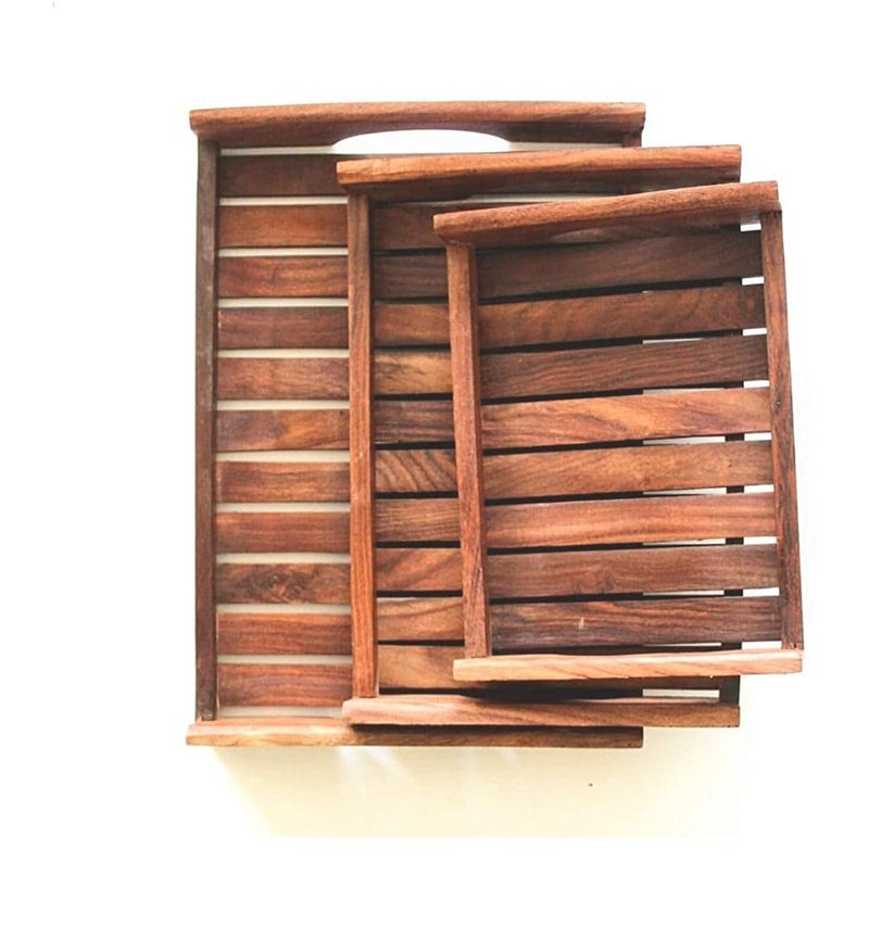 SHAPAR GOODS Wooden SHEESHAM 3 Piece Serving Tray SetSize Large Tray 14 10 15 INCHES Medium Tray 12 8 15 INCHES Small Tray 10 7 15 INCHES - Image 4
