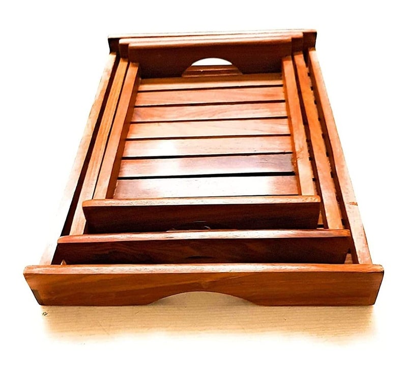 SHAPAR GOODS Wooden SHEESHAM 3 Piece Serving Tray SetSize Large Tray 14 10 15 INCHES Medium Tray 12 8 15 INCHES Small Tray 10 7 15 INCHES - Image 1