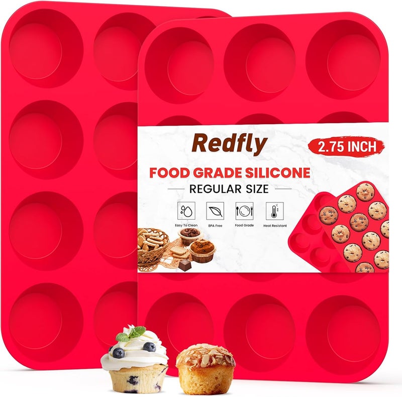 Redfly 2 Pack Silicone Muffin Pan & Cupcake Pans for Baking - 12 Cup Regular Size BPA Free Egg Bites Molds - Image 1