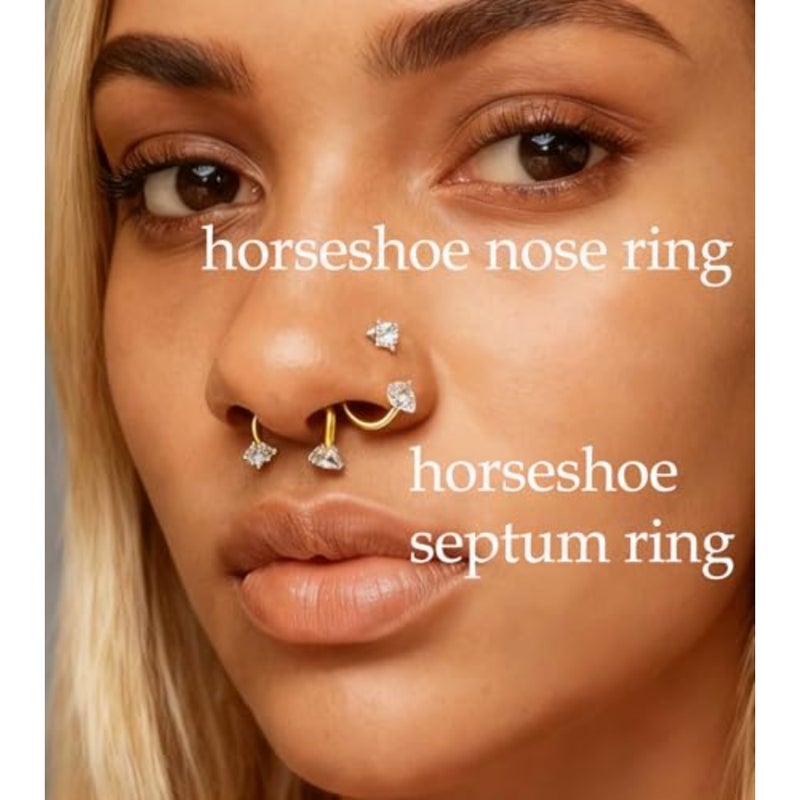 8mm 20g Horseshoe Nose Ring Hoop 20 gauge Gold Double Gem Horse Shoe Nose Rings for Women Surgical Steel Replacement Top Pink Star Small Cartilage Tragus Daith Earring Helix Piercing Jewelry - Image 4