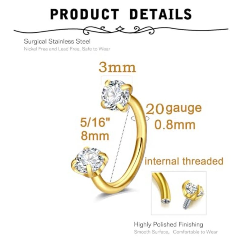 8mm 20g Horseshoe Nose Ring Hoop 20 gauge Gold Double Gem Horse Shoe Nose Rings for Women Surgical Steel Replacement Top Pink Star Small Cartilage Tragus Daith Earring Helix Piercing Jewelry - Image 2