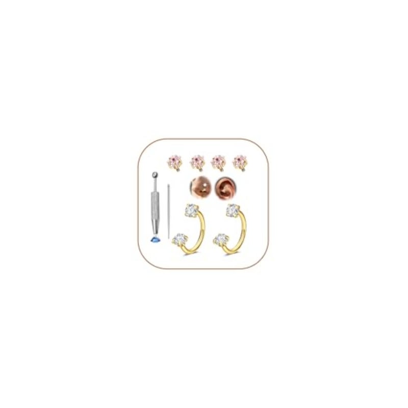 8mm 20g Horseshoe Nose Ring Hoop 20 gauge Gold Double Gem Horse Shoe Nose Rings for Women Surgical Steel Replacement Top Pink Star Small Cartilage Tragus Daith Earring Helix Piercing Jewelry - Image 1