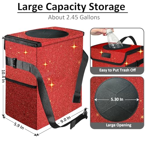 BAOGCOYO Car Trash Can, Cute Mini Trash Bag With Lid, Glitter Garbage Bin Hanging for Back/Front Seat/Console, Waterproof, Leakproof, 2.5 Gallon, Red Bling Sparkly - Image 2