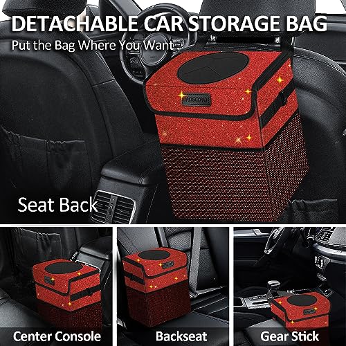 BAOGCOYO Car Trash Can, Cute Mini Trash Bag With Lid, Glitter Garbage Bin Hanging for Back/Front Seat/Console, Waterproof, Leakproof, 2.5 Gallon, Red Bling Sparkly - Image 3