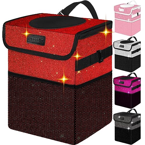 BAOGCOYO Car Trash Can, Cute Mini Trash Bag With Lid, Glitter Garbage Bin Hanging for Back/Front Seat/Console, Waterproof, Leakproof, 2.5 Gallon, Red Bling Sparkly - Image 1