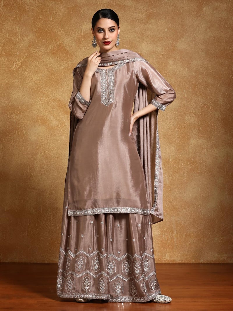 Varanga Women-Bead Work Kurta With Sharara And Dupatta - Image 2
