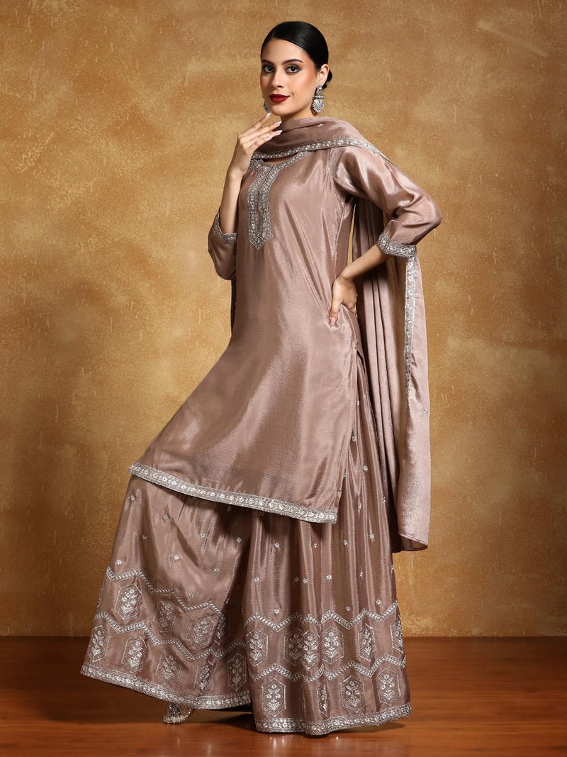 Varanga Women-Bead Work Kurta With Sharara And Dupatta - Image 3