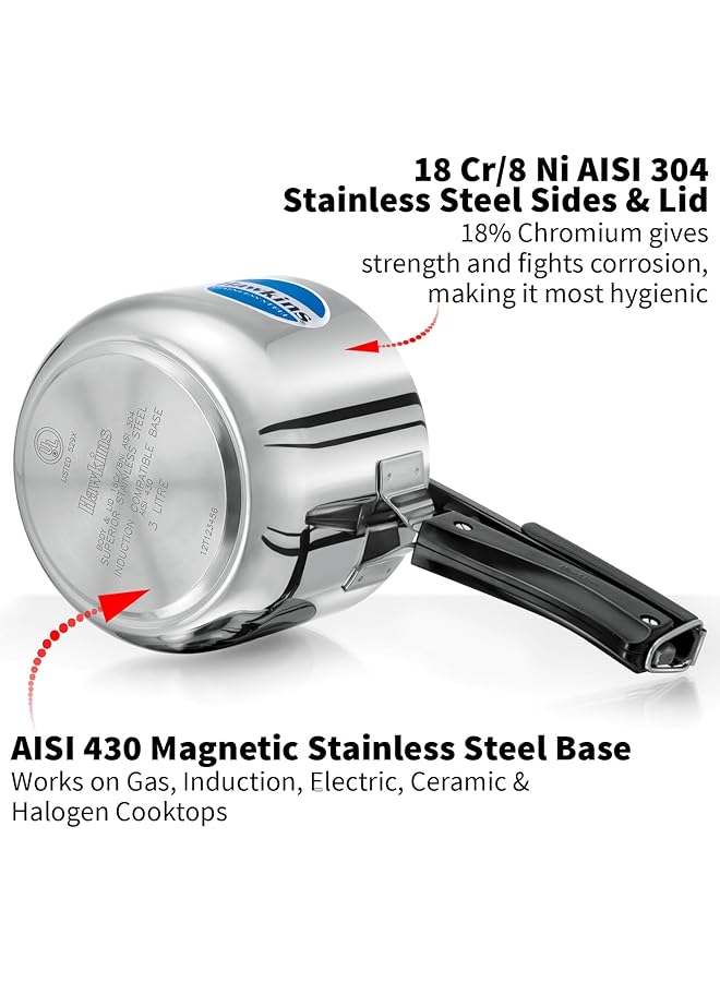 هوكينز قدر ضغط من الفولاذ المقاوم للصدأ متوافق مع قاعدة الحث، هيكل أطول سعة 3 لترات، فضي - Image 3