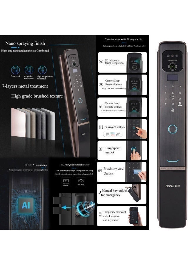 Smart Door Lock with AI Camera, Fingerprint, Password, Card, Wi-Fi Unlock, Aluminum Alloy, Black - Image 2