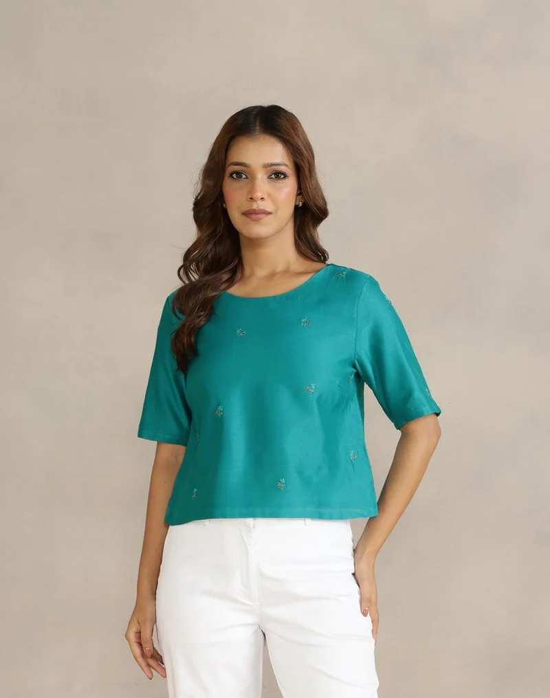 Fabindia Teal Cotton Silk Embroidered Short Top