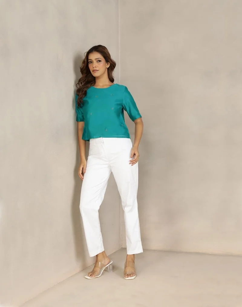 Fabindia  Teal Cotton Silk Embroidered Short Top for Women | Best Price UAE