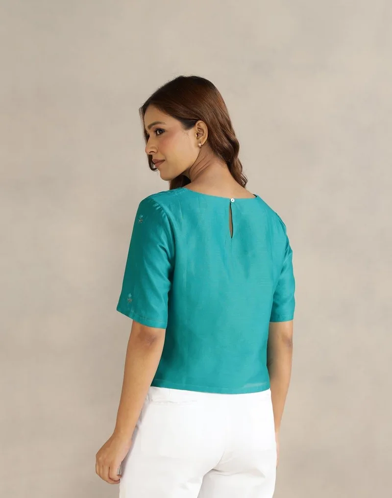 Fabindia  Teal Cotton Silk Embroidered Short Top for Women | Best Price UAE