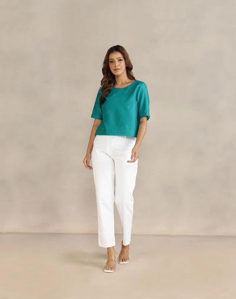 Fabindia  Teal Cotton Silk Embroidered Short Top for Women | Best Price UAE