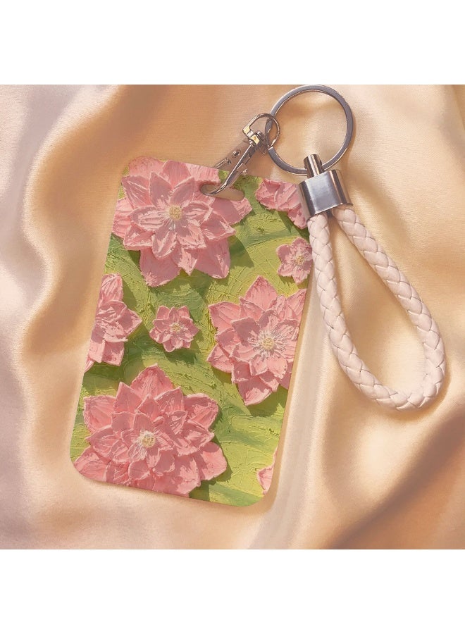 NIBEMINENT 1 - Piece Oil Painting Flowers Kpop Photo Card Holder Pendant Key Chain ID Badge Holder ID Card Holder Photo Card Protector for School ID Office ID Access Card for Women Girls