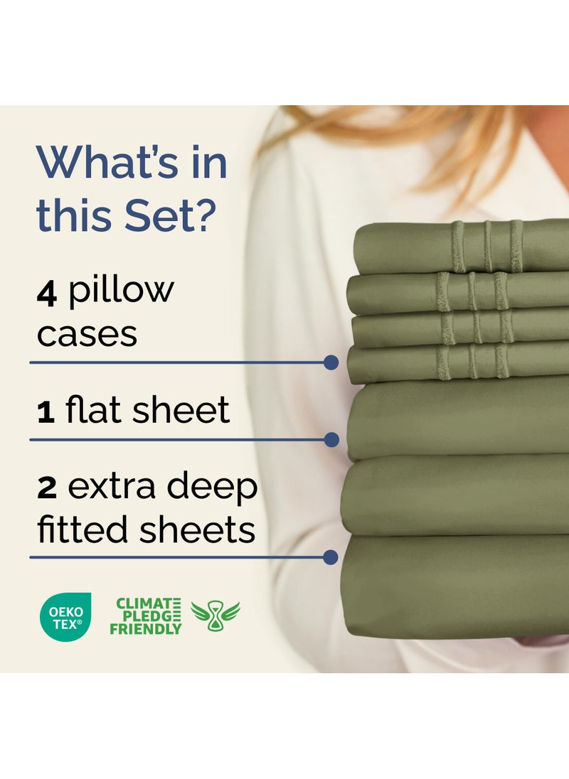 Extra Deep Split King Sheet Set - 7 Piece Breathable & Cooling Sheets - Hotel Luxury Bed Sheets Set - Easy Fit - Soft  Wrinkle Free & Comfy Sheets Set - Sage Green Sheet Set with Extra Deep Pockets