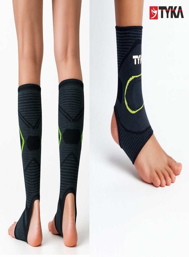 TYKA Ankle Support Sleeve for Men & Women - Knitted, Breathable & Ergonomic Compression Brace for Pain Relief, Injury Recovery & Stability (Grey|Neon Green, L) - Image 2