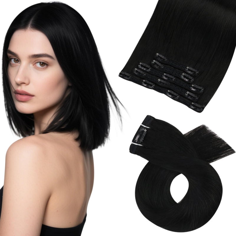 Moresoo Jet Black Clip in Hair Extensions Human Hair Jet Black Human Hair Extensions Clip ins Short Remy Human Hair for Women Double Weft 80g5pcs 10 inch