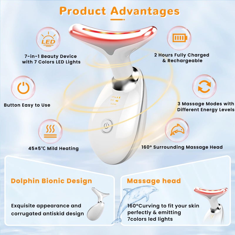 Bestechy Facial Beauty Device, Face Massager Tool for Skin Care, Based on Triple Action LED, Thermal, and Vibration, Red and Blue LED Light, 7 Color Led Face and Neck Massager for Home Use (Glossy White) - Image 2