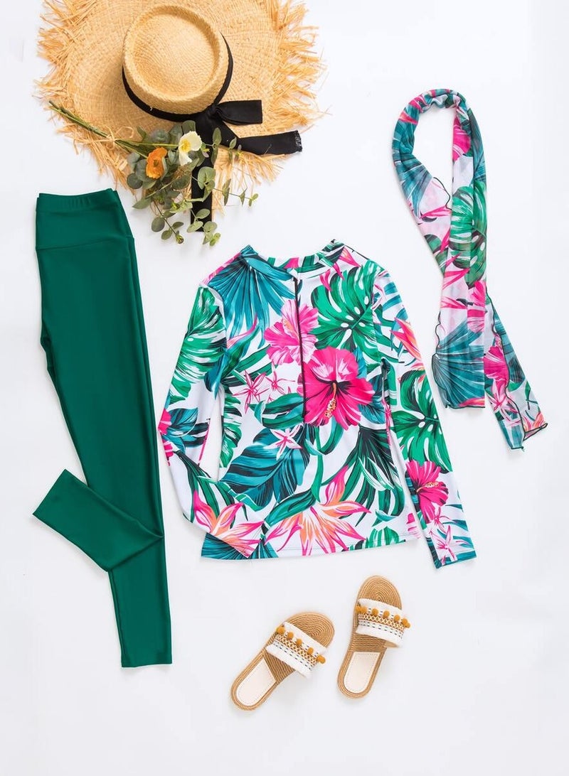 Fianser Burkini Swimsuits Set 3-Piece Full Cover Swimwear Long Sleeve Chiffon Wrap Skirt Muslim Zipper Conservative Modest  Fashion Classic Islamic Sun Protection Diving Surfing Suit  - Image 2