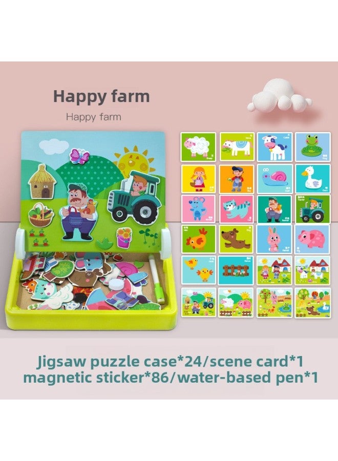 أحجية خشبية مغناطيسية للتعليم المبكر، لعبة تطوير الذكاء للأطفال، شكل لغز الأطفال، تغيير الوجه، اللعب في المنزل، تغيير الملصق المغناطيسي - اللون: ملصق أحجية المزرعة السعيدة - Image 1
