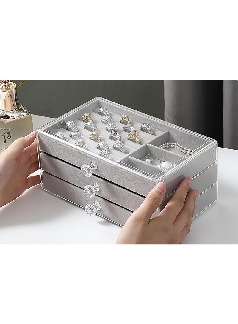 Clear Acrylic Jewelry Box Organizer with 3 Velvet-Lined Drawers, Storage for Earrings, Rings, Necklaces, Watches & Accessories (Gray) - Image 2