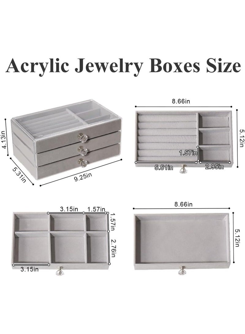 Clear Acrylic Jewelry Box Organizer with 3 Velvet-Lined Drawers, Storage for Earrings, Rings, Necklaces, Watches & Accessories (Gray) - Image 3