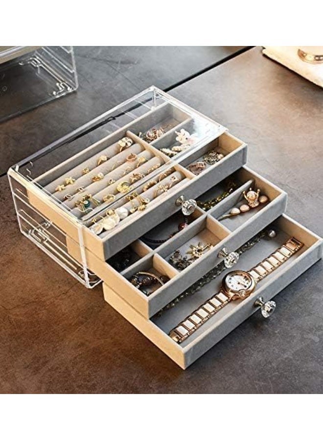 Clear Acrylic Jewelry Box Organizer with 3 Velvet-Lined Drawers, Storage for Earrings, Rings, Necklaces, Watches & Accessories (Gray) - Image 1