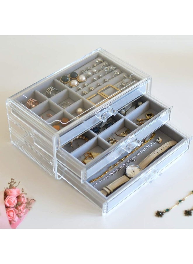Clear Acrylic Jewelry Box Organizer with 3 Velvet-Lined Drawers, Storage for Earrings, Rings, Necklaces, Watches & Accessories (Gray) - Image 4