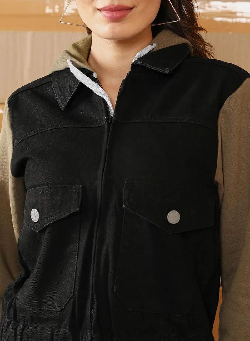 كامبوس سوترا Women's Onyx Black & Olive Green Dark-Wash Block Denim Jacket