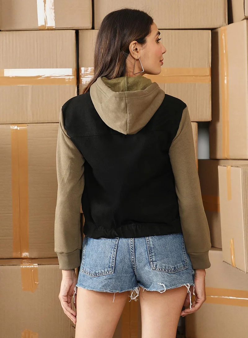 كامبوس سوترا Women's Onyx Black & Olive Green Dark-Wash Block Denim Jacket