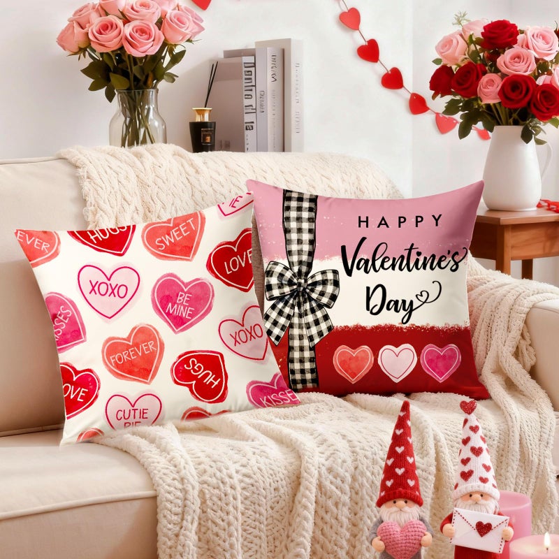 YOSICHY Valentines Day Decorations-Valentine Pillow Covers 18X18 Set Of 4  Pink Red Hearts Be Mine Happy Valentine'S Day Throw Outdoor Pillow Covers Anniversary Wedding Cushion Case For Home Sofa Couch D?Cor - Image 2