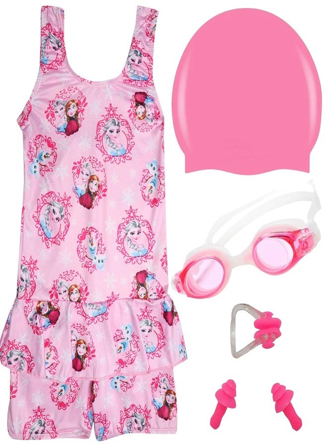 LEBAMI Girls Swimming Costume with Swim Goggle Swim Cap 2Ear Plug and 1Nose Plug | Pink - Image 1