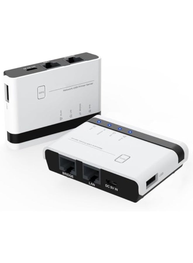 Luckam خادم طباعة لاسلكي، خادم طباعة USB 2.0 بورتين مع LAN بسرعة 100 ميجابت في الثانية وجسر، أوضاع سلكية/لاسلكية/مستقلة، متوافق مع ويندوز 10 8 7 XP، ماك أو إس وجميع الطابعات المدعومة من RAW - Image 1