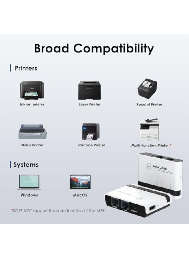 Luckam خادم طباعة لاسلكي، خادم طباعة USB 2.0 بورتين مع LAN بسرعة 100 ميجابت في الثانية وجسر، أوضاع سلكية/لاسلكية/مستقلة، متوافق مع ويندوز 10 8 7 XP، ماك أو إس وجميع الطابعات المدعومة من RAW - Image 5