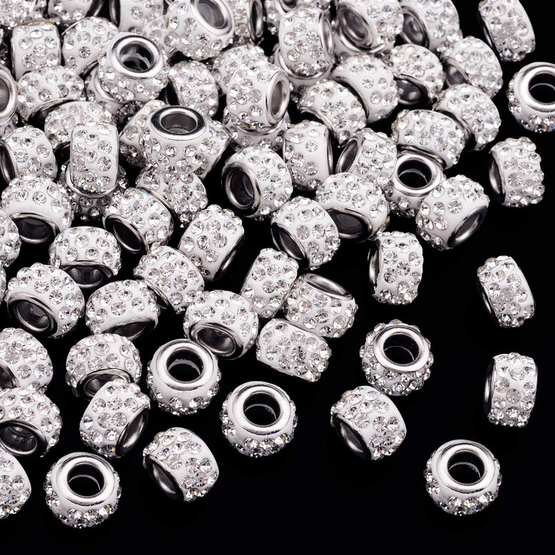 ANCIRS 100pcs 12mm Large Hole Rhinestone European Beads Rondelle Spacer Diamond Hair Beads for Bracelet Snake Chain Charm White