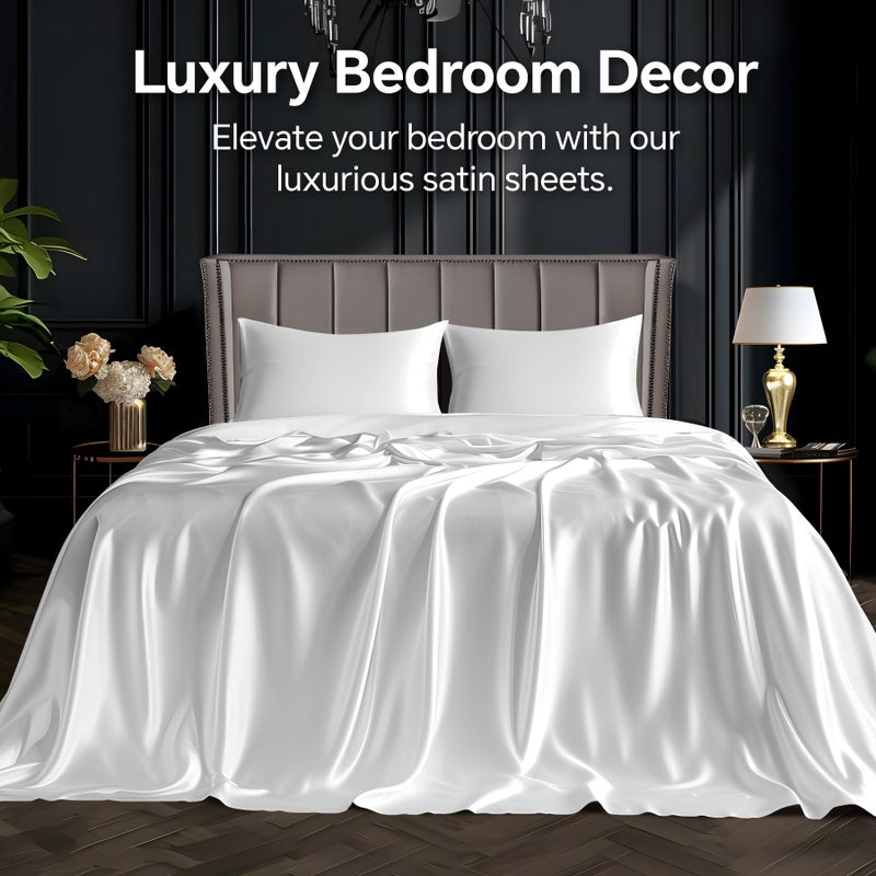 BEDELITE Satin Sheets Queen Size Bed Set  Luxury Soft White Silky Sheets for Hair and Skin  Similar to Silk Bed Sheets Set 4 Pieces (1 Deep Pocket Fitted Sheet  1 Flat Sheet  and 2 Pillowcases) - Image 2