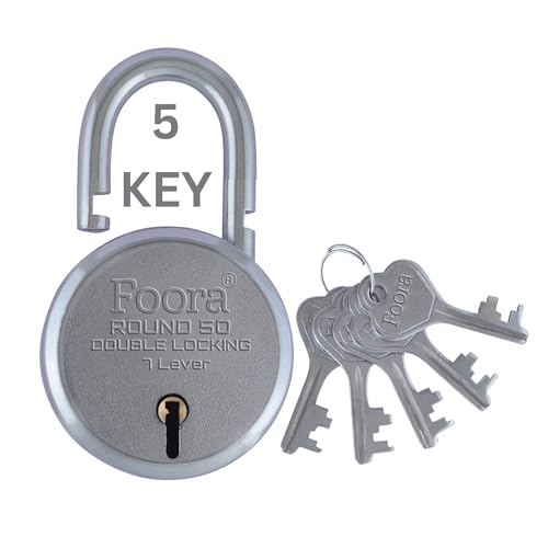 Foora Round 50mm Small Lock | Metal Body Padlock | Double Locking | 7 Steel Lever Mechanism | 5 Silver Keys with Keychain | Silver Finish | Lock for Home, Gate & Door | Made in India - Image 1