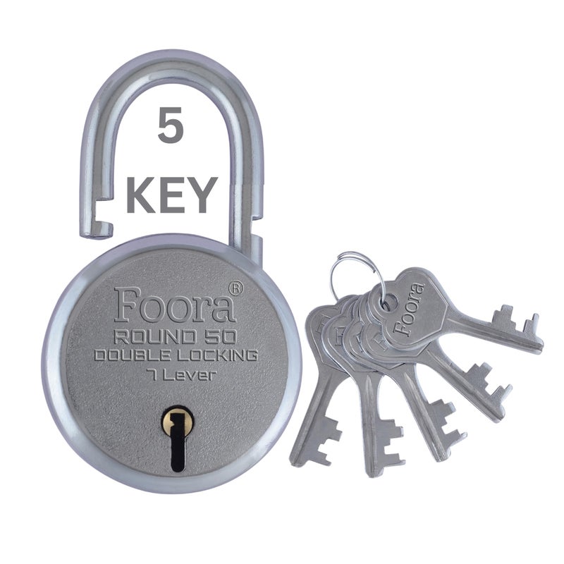Foora Round 50mm Small Lock | Metal Body Padlock | Double Locking | 7 Steel Lever Mechanism | 5 Silver Keys with Keychain | Silver Finish | Lock for Home, Gate & Door | Made in India - Image 4