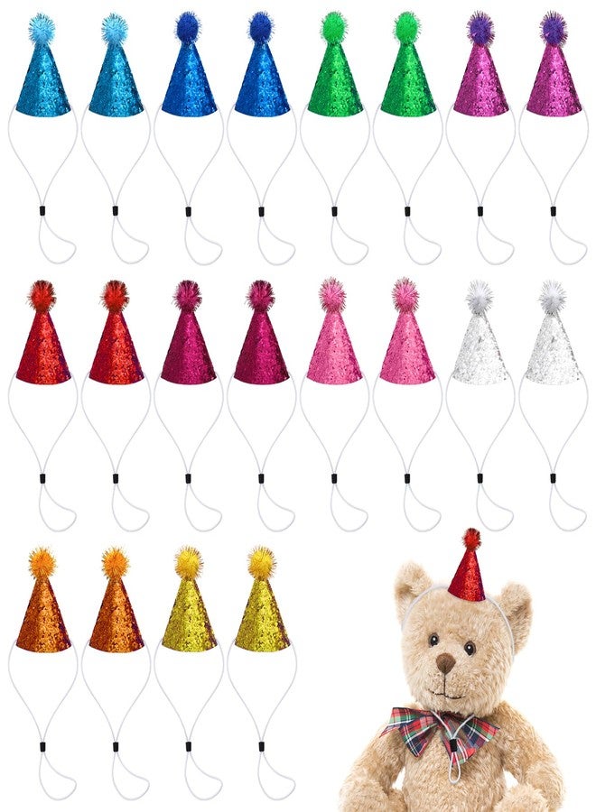Okllen 20 Pieces Mini Birthday Hats for Stuffed Animals, Tiny Cone Party Hats with Pom Poms Glitter for Small Pets, Adjustable Cat Dog Rabbit Costume Hat for Birthday, Holiday - Image 1