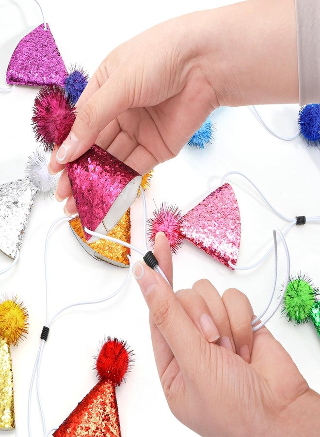Okllen 20 Pieces Mini Birthday Hats for Stuffed Animals, Tiny Cone Party Hats with Pom Poms Glitter for Small Pets, Adjustable Cat Dog Rabbit Costume Hat for Birthday, Holiday - Image 3