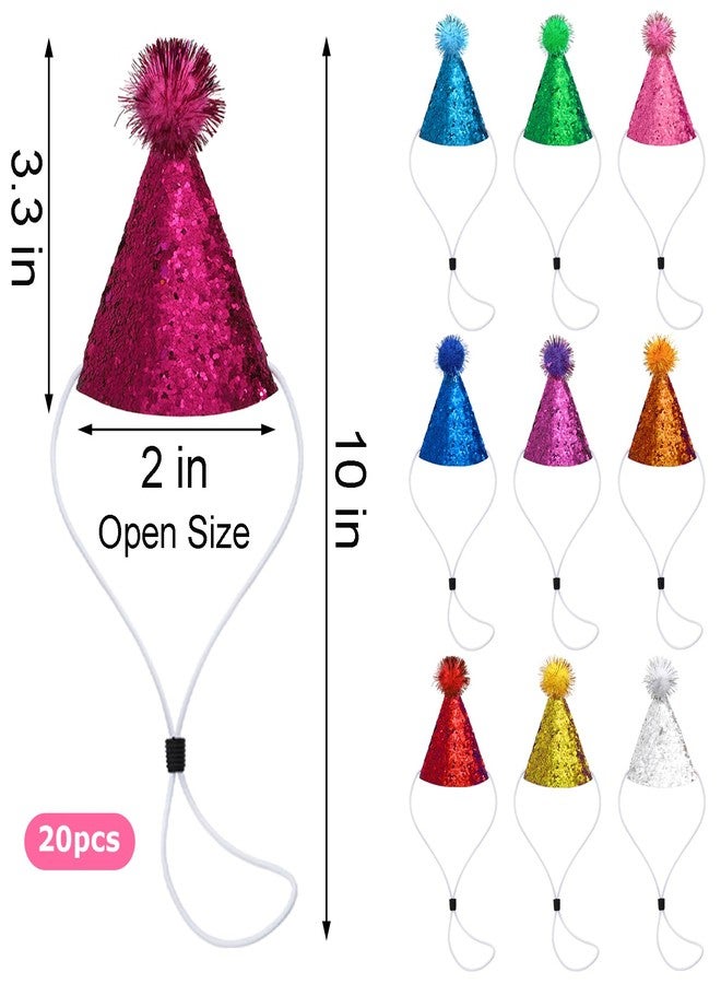 Okllen 20 Pieces Mini Birthday Hats for Stuffed Animals, Tiny Cone Party Hats with Pom Poms Glitter for Small Pets, Adjustable Cat Dog Rabbit Costume Hat for Birthday, Holiday - Image 2