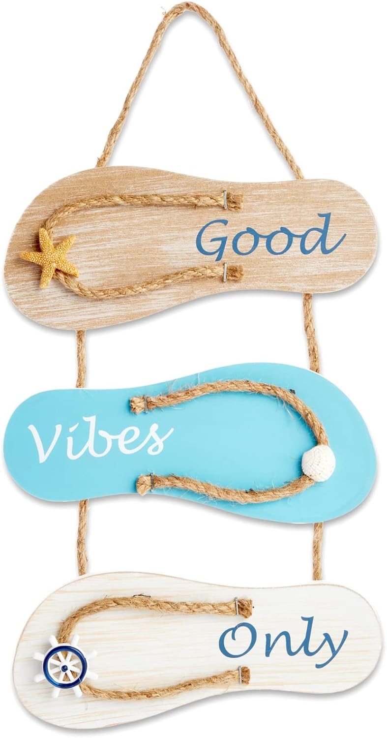Juvale Good Vibes Only Sign Wooden Flip Flop Beach Decor NauticalInspired Hanging Sign for Homes Summer Displays OceanThemed Residences Vacation Properties Office Spaces 9x12 in - Image 1