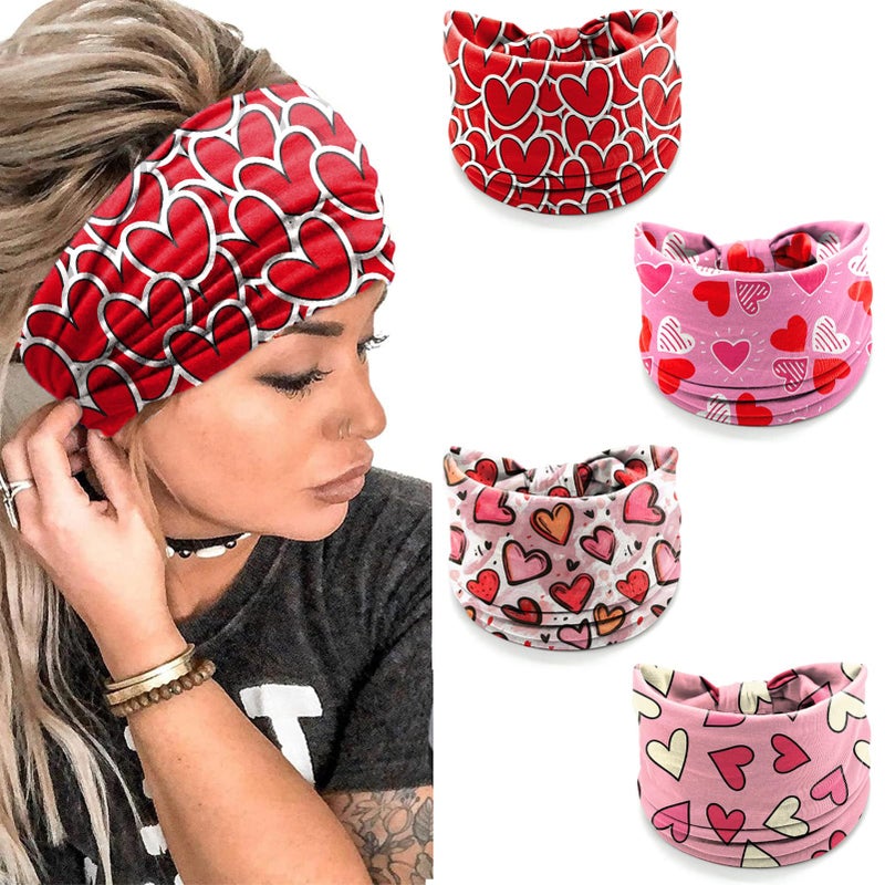 winthrop 4 Pcs Valentine's Day Headbands for Women - Red Pink Heart Cute Love Hair Band, Stretchy Breathable Non-Slip Wide Headwrap for Holiday,Yoga, Running, Party, Costume Dress Up - Image 1