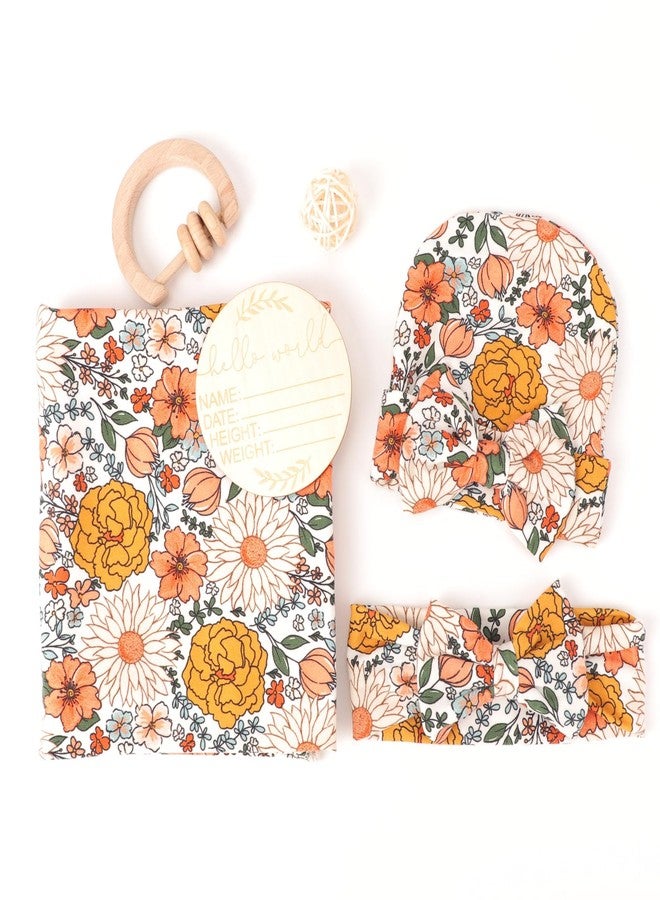 DRESHOW BQUBO Baby Girl Newborn Floral Receiving Blankets with Bow Hat Headband Wooden Birth Announcement Card Set Newborn Baby Swaddling Hats Sleepsack Toddler Warm Shower Gift - Image 2