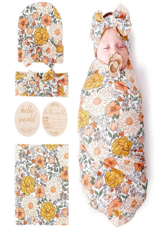 DRESHOW BQUBO Baby Girl Newborn Floral Receiving Blankets with Bow Hat Headband Wooden Birth Announcement Card Set Newborn Baby Swaddling Hats Sleepsack Toddler Warm Shower Gift - Image 1