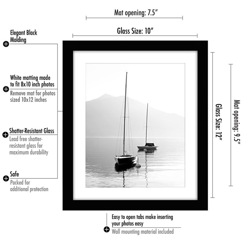Americanflat 10x12 Picture Frame with Shatter-Resistant Glass - Use as 8x10 Frame with Mat or Display 10x12 Photo Without Mat - Signature Collection - Picture Frames for Wall Display - Black - Image 2